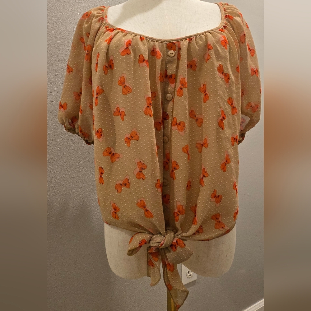 Ember Beige Polka Dot And Bow Print Blouse